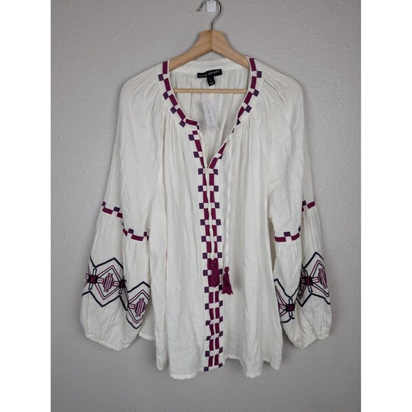 Lane Bryant Blouse Womens 18 Embroidered Boho Peasant Top Long Sleeve Tassel - Picture 2 of 11
